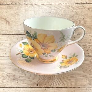 Old Royal Bone China pink surface yellow flowers cup and saucer, made in England